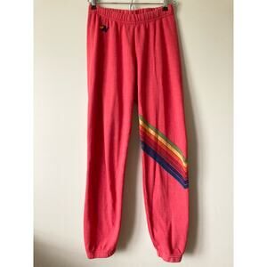Aviator Nation Red Track Pants with Rainbow Stripe
